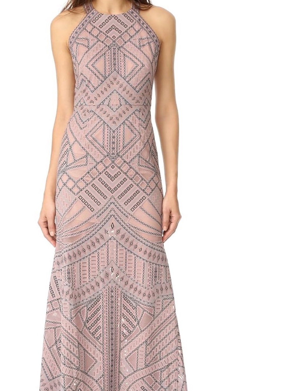 BCBGMaxAzria Blush Pink Embellished Halter Maxi Dress Prom Wedding Gala Night
